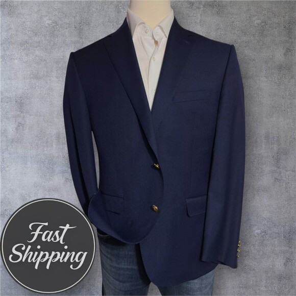 RALPH LAUREN Mens Navy Blazer 44L Wool Sport Coat Two Button Jacket Suits - Picture 1 of 15